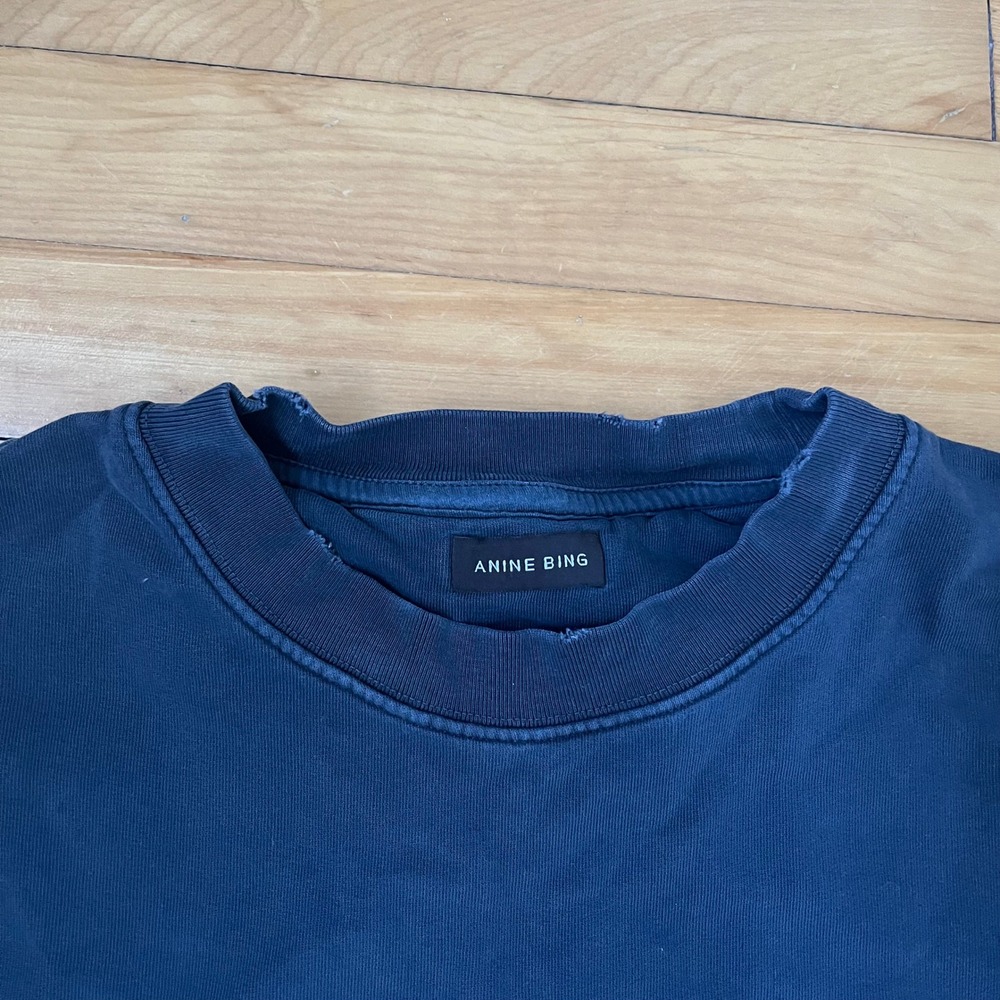 Anine Bing Navy Blue Oversized Graphic Logo Crew Neck Sweatshirt Distressed - Picture 3 of 12